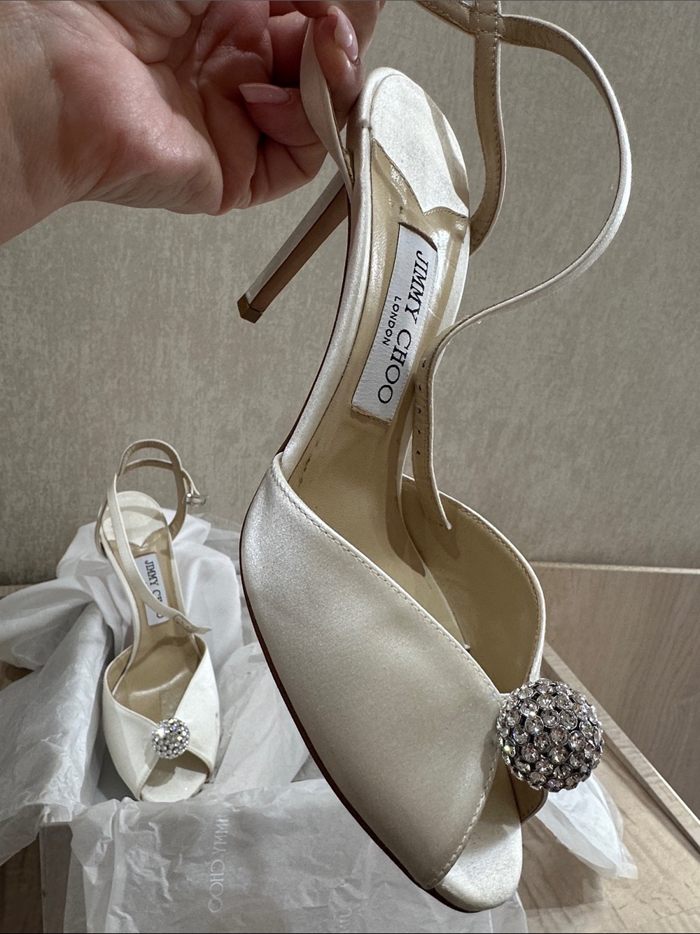 Jimmy Choo Ivory Crystal Satin Pointed-Toe Heels - Picture 11 of 12